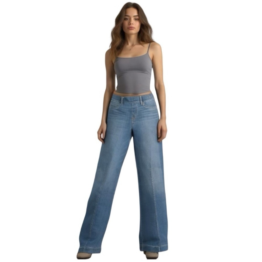 Spanx Pull On Seamed Front Wide Leg Jeans Vintage Indigo Petite Large